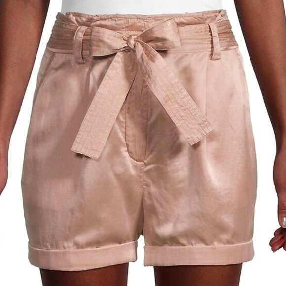 NEW A.L.C Women Merrick Rose Silk Blend Tie Bow Fold Over Cuffed Paper Bag Short - Picture 2 of 7